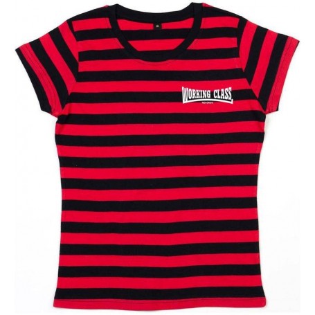 Working Class Records camiseta rayas rojas negras bordado blanco chica